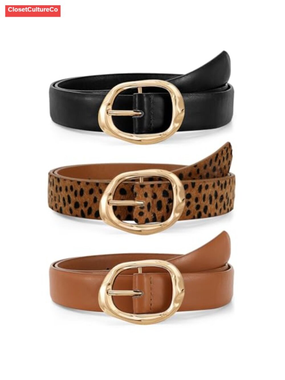 Women Faux Leather Belt 3 Pack Gold Buckle Casual Jeans Pants